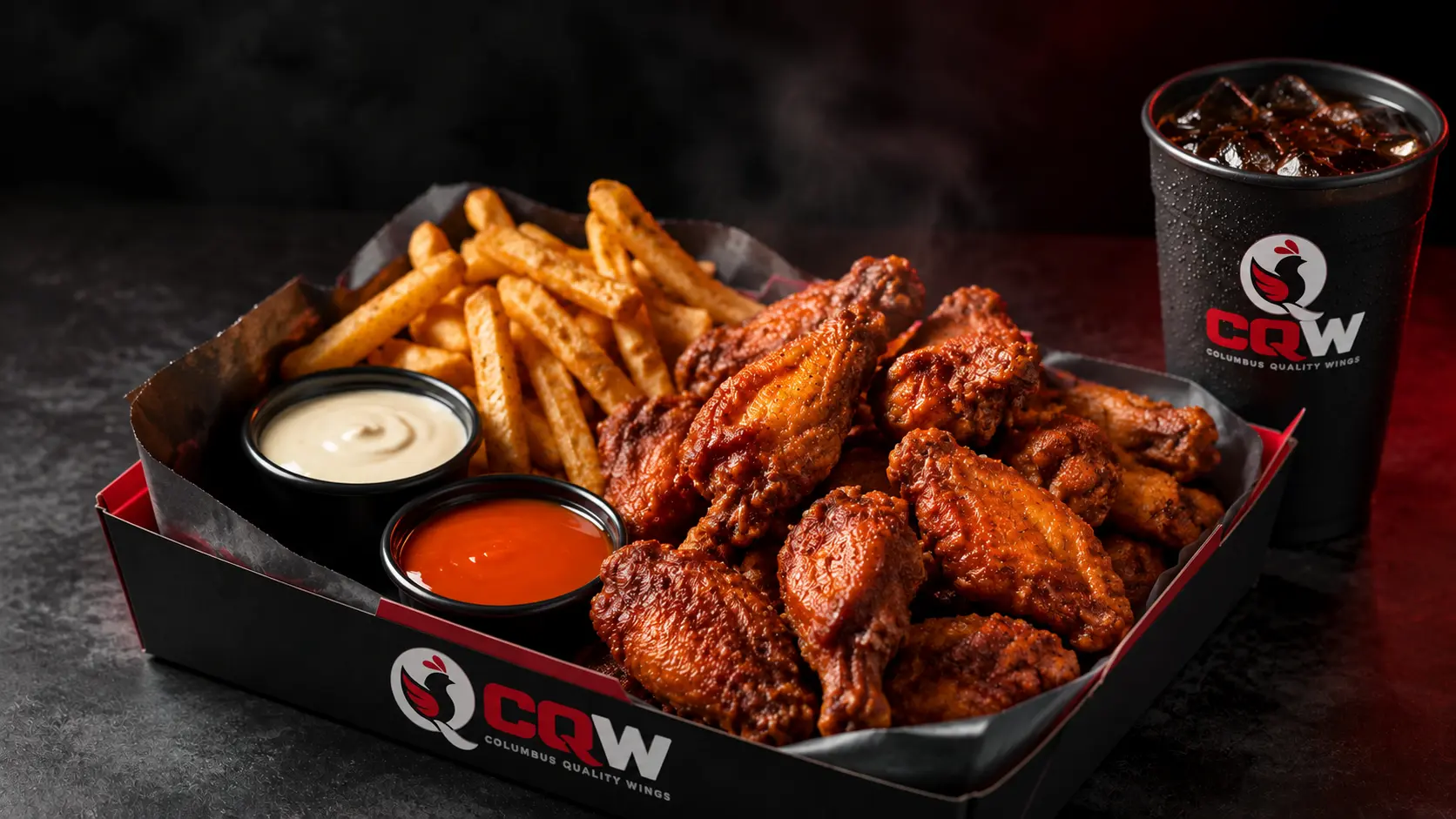 CQW sauced wings, seasoned fries and dipping sauces