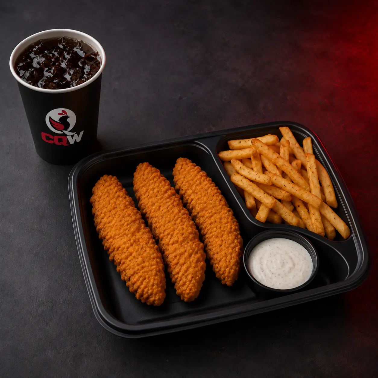 3 crispy chicken tenders with plain fries and a bottled Pepsi product