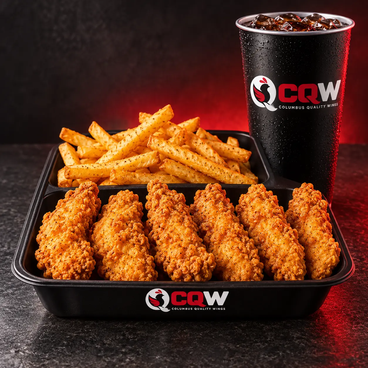 6 crispy chicken tenders with plain fries and a bottled Pepsi product