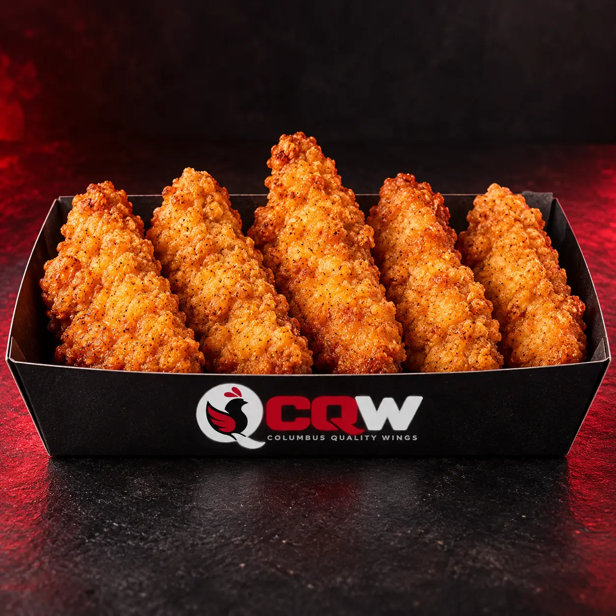 Five golden CQW chicken tenders in branded packaging