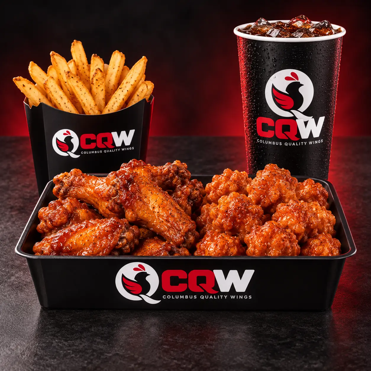 CQW meal with bone-in wings, boneless wings, plain fries and a bottled drink