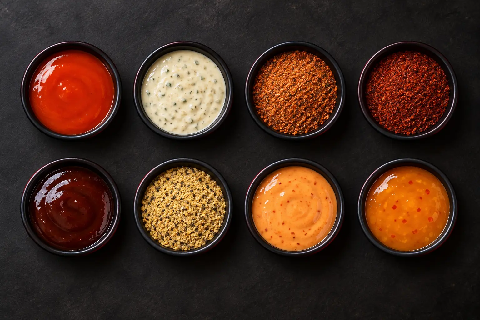 A selection of CQW sauces and dry rubs in small black bowls